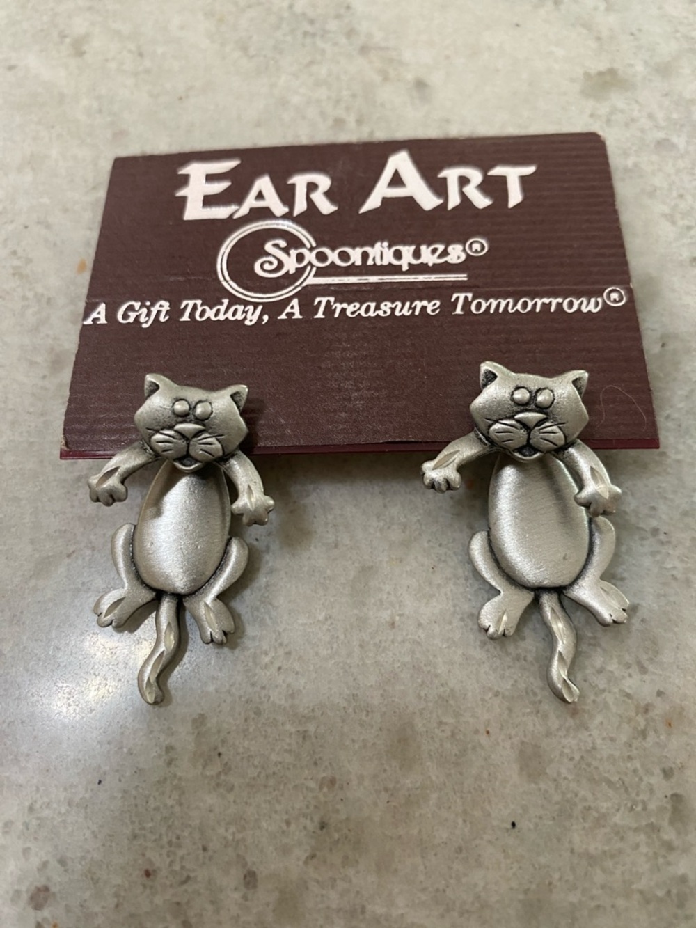 Brand New Ear Art Spoontiques Cat Drop Earrings in Antique Silver Made in USA